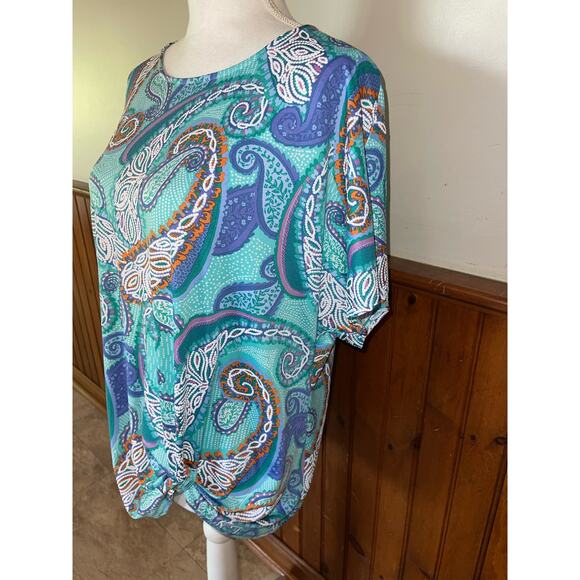 Womens Ruby Rd Knit Paisley Puff Print Front Tie‎ Detail Blue Purple Blouse M - Picture 4 of 7